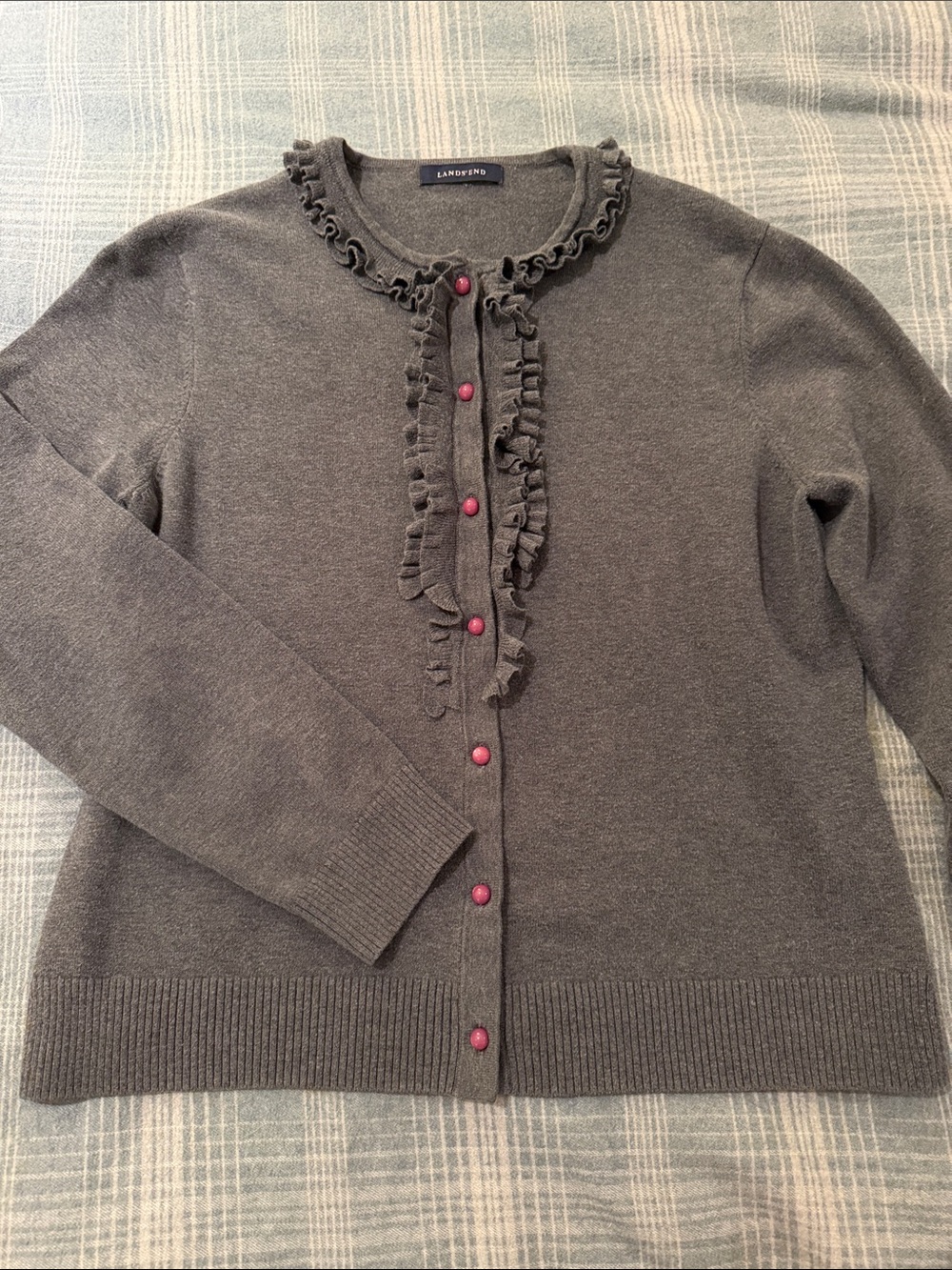 Lands' End Gray Ruffle Cardigan Sweater Pink Button Knit Top Coquette Fits Small